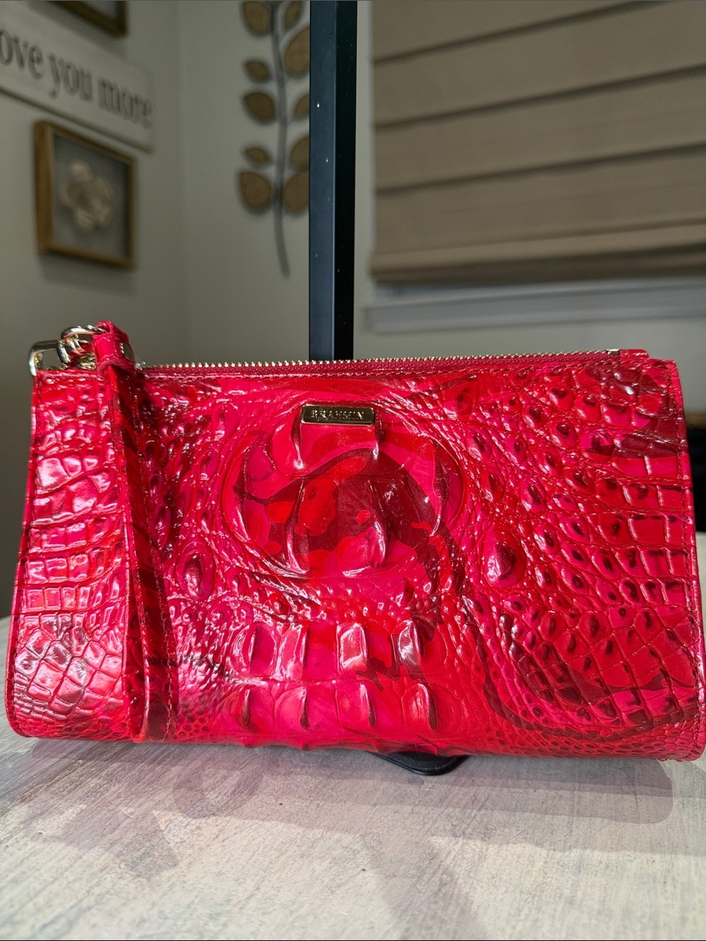RARE Brahmin Red Flare Daisy Patent Embossed Red Wristlet Clutch